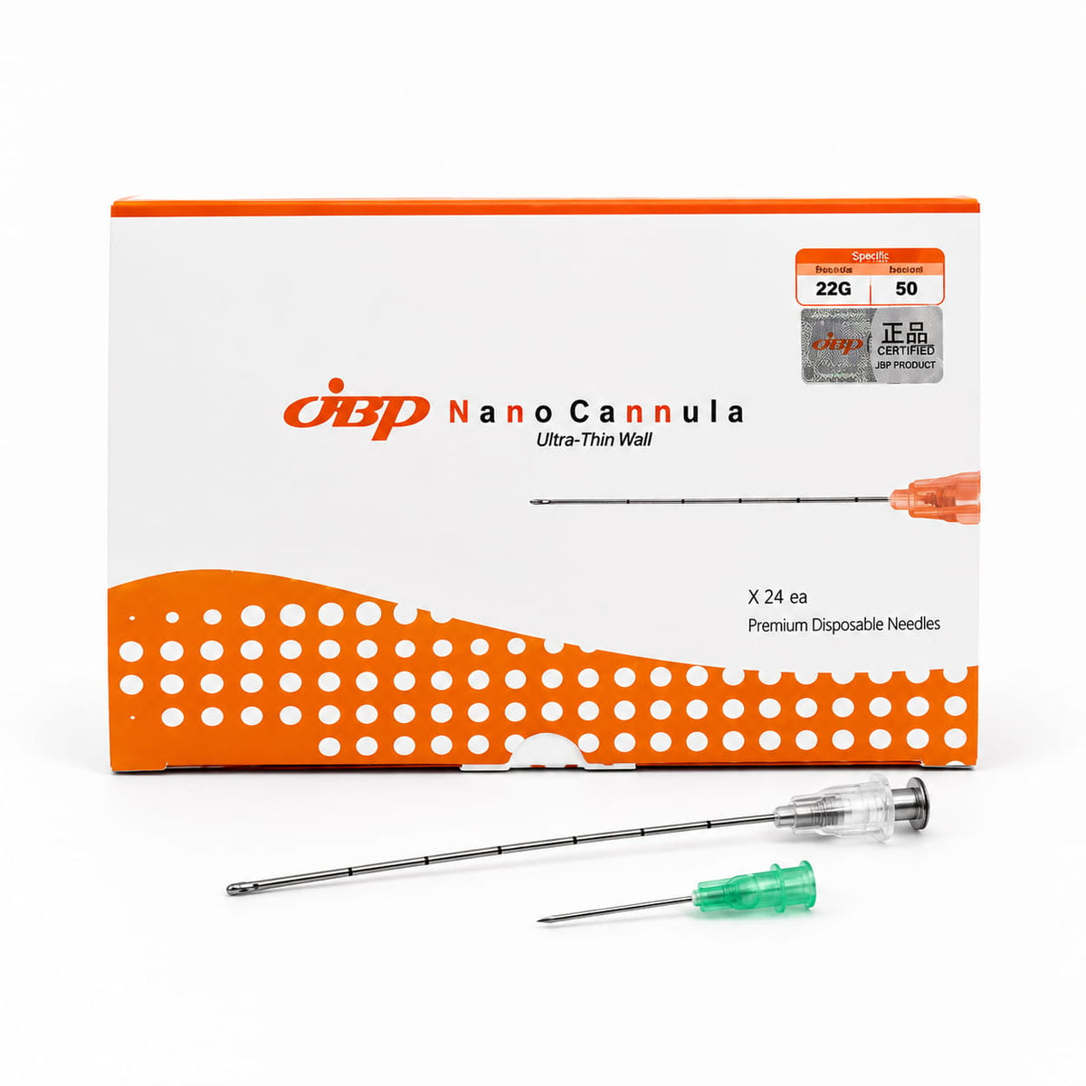 JBP Nano Cannula 22G × 50 mm, Packung mit stumpfen Mikrokanülen und Vorstechkanülen