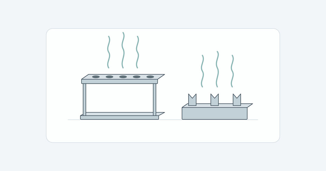 Diagram: empty stainless steel tube rack and empty stainless steel syringe holder, with rising steam above them to indicate reprocessing