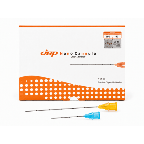JBP Nano Cannula 25G × 50 mm, Packung mit stumpfen Mikrokanülen und Vorstechkanülen