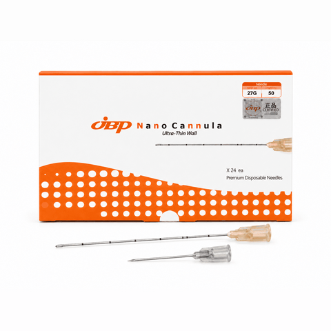 JBP Nano Cannula 27G × 50 mm, Packung mit stumpfen Mikrokanülen und Vorstechkanülen